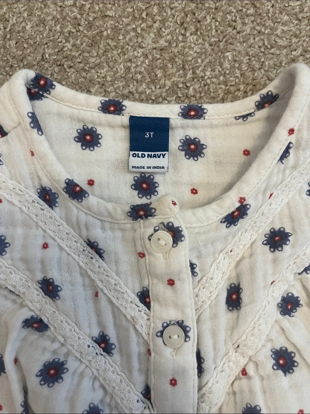 Cream Button-Front Floral Peasant Top